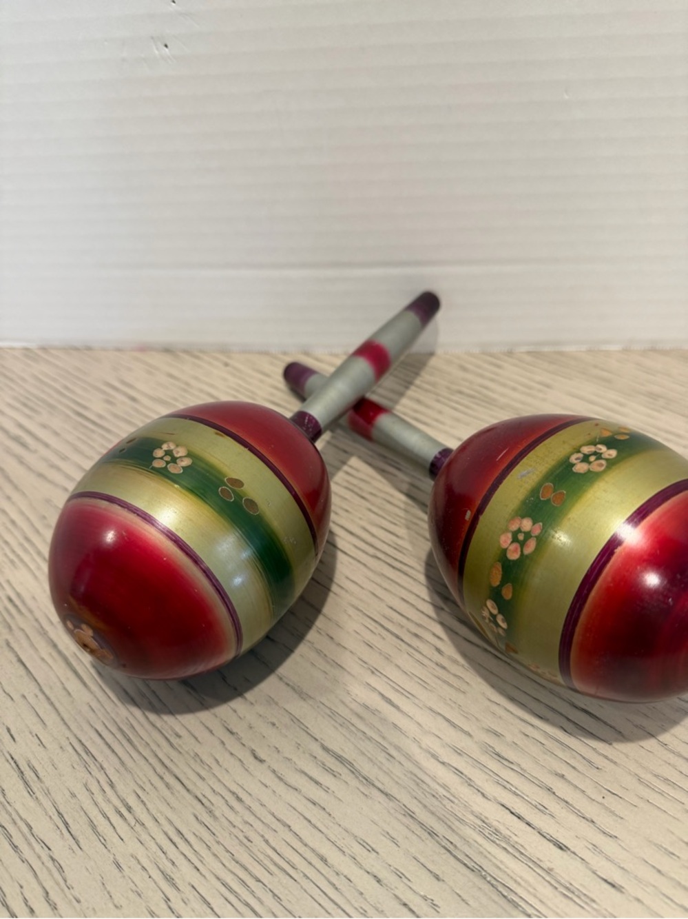Pair of Vintage Hand Painted, carved Wood Maracas